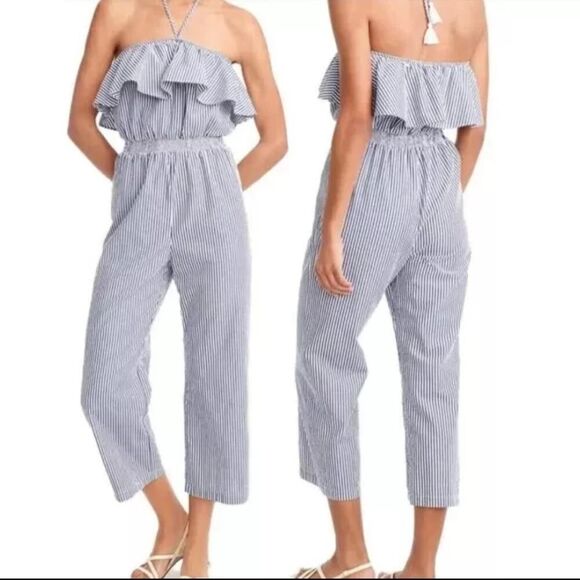 J.Crew XXS Seersucker Jumpsuit Blue White Striped Ruffle Sleeveless Cropped - Picture 1 of 8